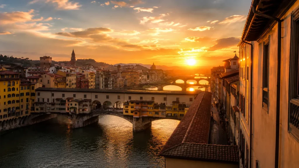 Golden sunset over the Vasari Corridor and Ponte Vecchio in Florence, Italy