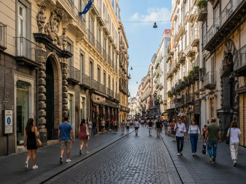 Via Toledo in Naples with pedestrians walking between historic buildings and balconies on a sunny day