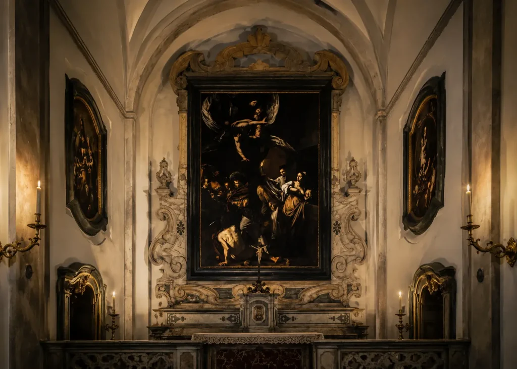 Caravaggio's Seven Works of Mercy displayed above the altar inside Pio Monte della Misericordia in Naples, Italy