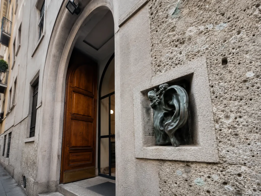 The famous bronze Ear of Via Serbelloni in Milan, an unusual Art Nouveau intercom built into the wall beside a historic doorway