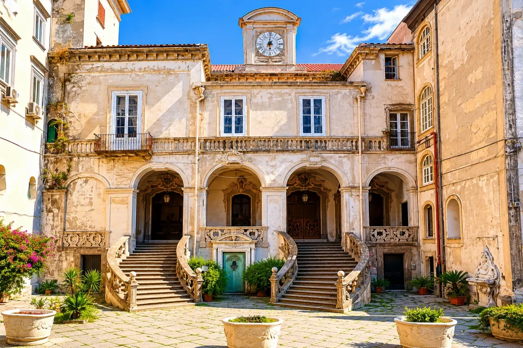 Historic courtyard of the Incurabili Pharmacy complex in Naples, featuring Baroque staircases, an elegant clock tower, and restored architecture under a sunny blue sky.