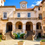 Historic courtyard of the Incurabili Pharmacy complex in Naples, featuring Baroque staircases, an elegant clock tower, and restored architecture under a sunny blue sky.