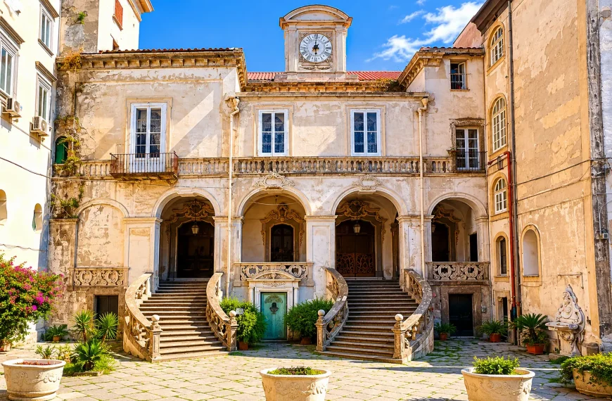 Historic courtyard of the Incurabili Pharmacy complex in Naples, featuring Baroque staircases, an elegant clock tower, and restored architecture under a sunny blue sky.