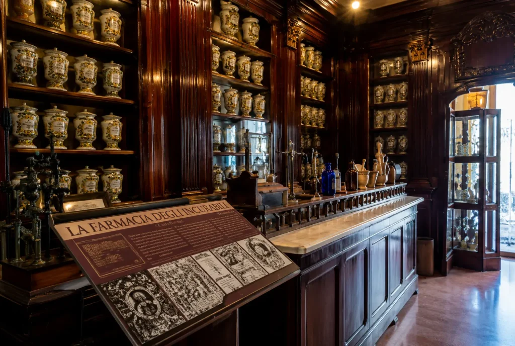 Carved walnut cabinets and hand-painted majolica pharmacy jars inside the historic Incurabili Pharmacy in Naples, showcasing the elegant Baroque craftsmanship of an 18th-century apothecary.
