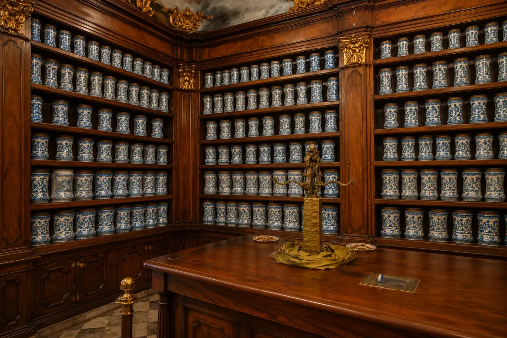 Carved walnut cabinets and hand-painted majolica pharmacy jars inside the historic Incurabili Pharmacy in Naples, showcasing the elegant Baroque craftsmanship of an 18th-century apothecary.