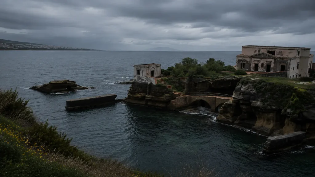 La Gaiola Island in Naples on an overcast day with abandoned villa, rocky islets, and the famous bridge linked to the island's curse legend