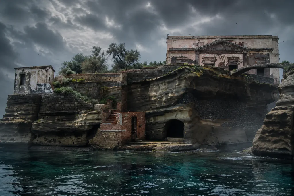 Abandoned villa on La Gaiola Island in Naples under dark storm clouds, associated with the island's famous curse legend