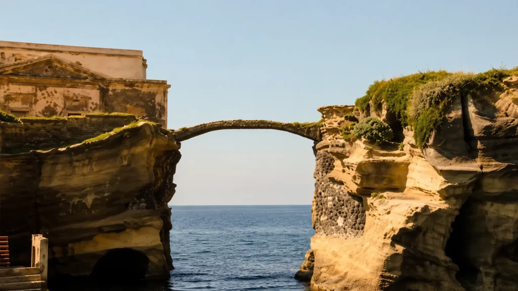 Historic stone bridge connecting the twin islets of La Gaiola Island in Naples, Italy