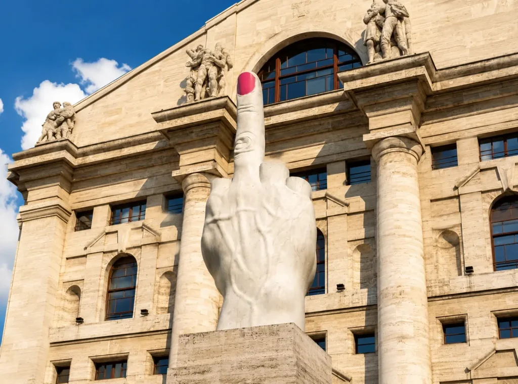 L.O.V.E. sculpture by Maurizio Cattelan in Piazza degli Affari, Milan, featuring the famous marble middle finger in front of the Italian Stock Exchange