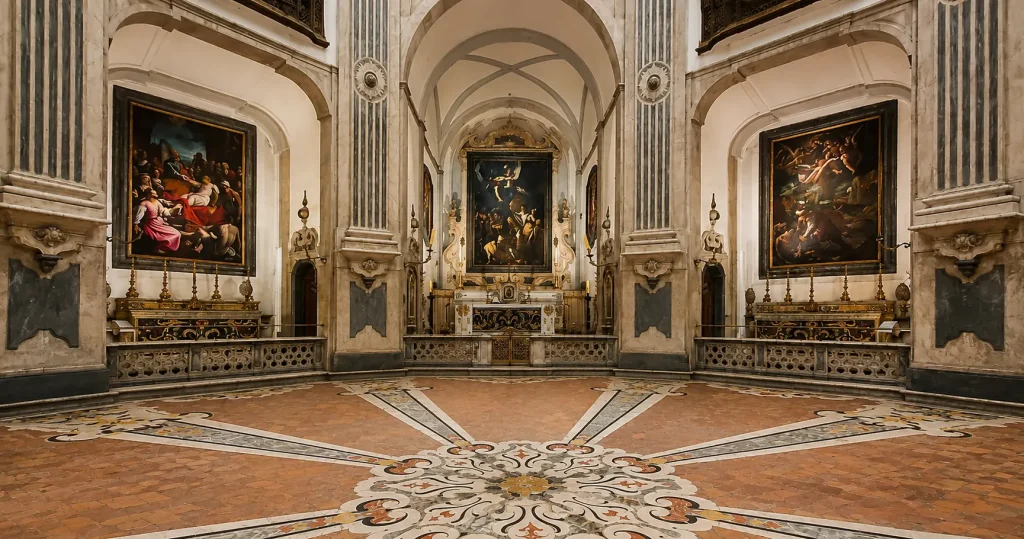 Interior of Pio Monte della Misericordia in Naples with Caravaggio's Seven Works of Mercy above the high altar