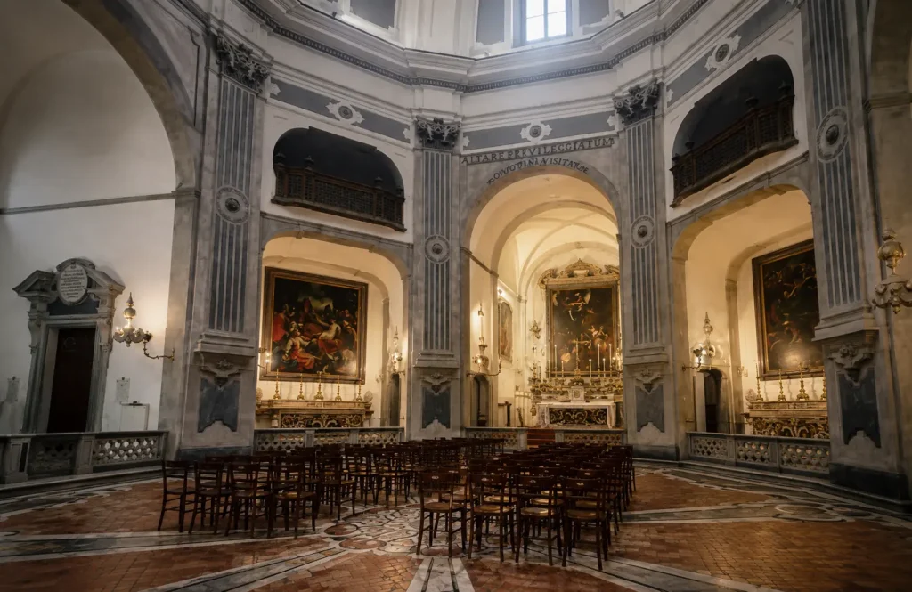 Interior of Pio Monte della Misericordia in Naples featuring Caravaggio's Seven Works of Mercy above the high altar