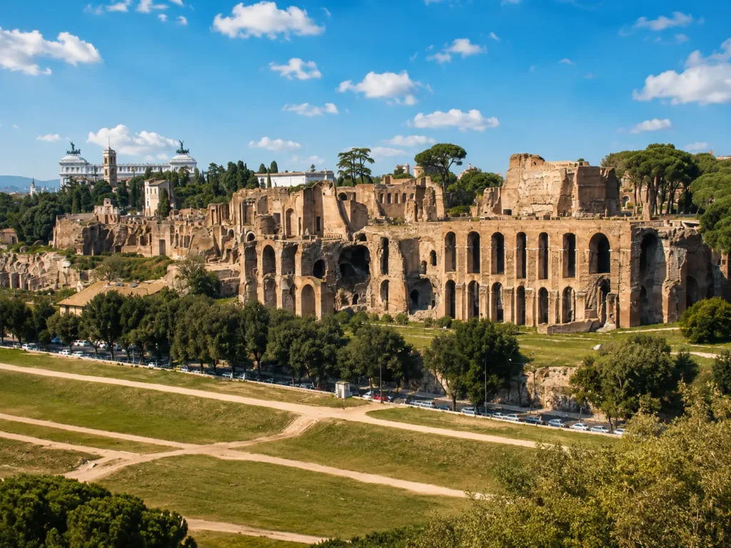Panoramic view of the Roman Circus and Imperial Palace ruins in ancient Mediolanum, Milan, under a bright sunny sky