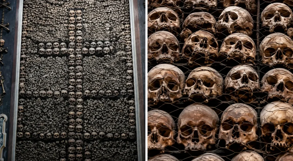 Split image of San Bernardino alle Ossa in Milan showing a cross made of human skulls and a close-up view of skull-lined walls inside the famous Bone Chapel