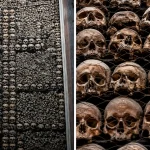 Split image of San Bernardino alle Ossa in Milan showing a cross made of human skulls and a close-up view of skull-lined walls inside the famous Bone Chapel