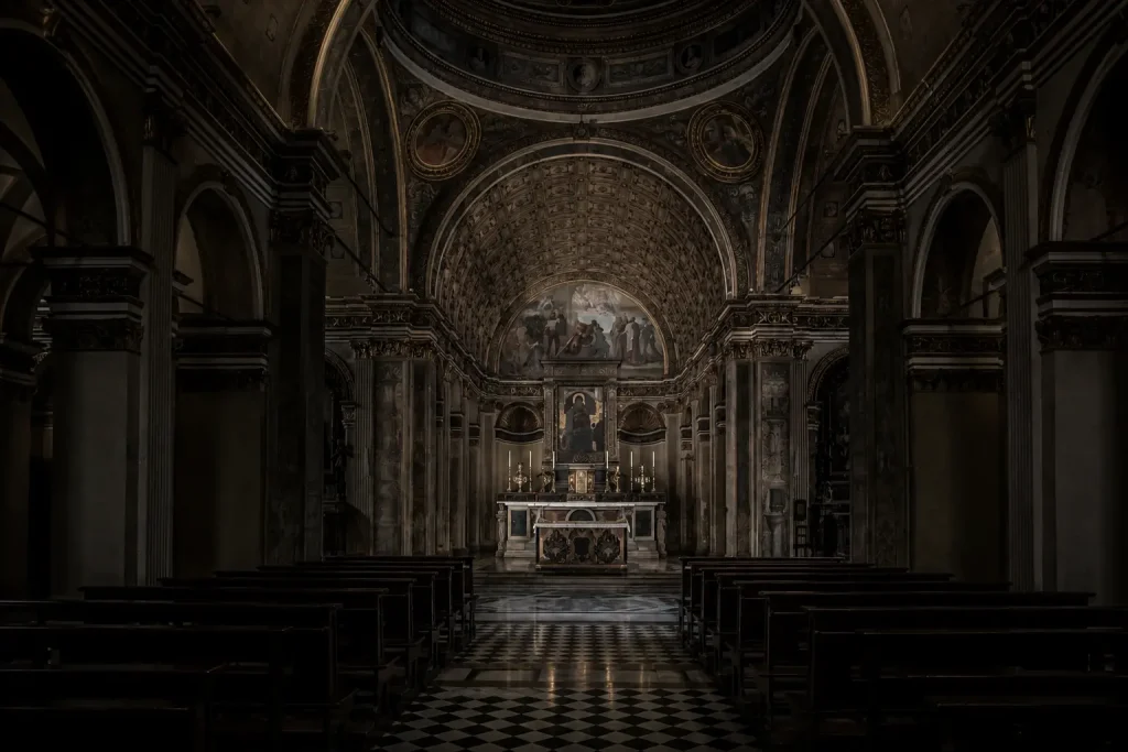 Interior of Santa Maria presso San Satiro in Milan showing Bramante's famous optical illusion and Renaissance church architecture