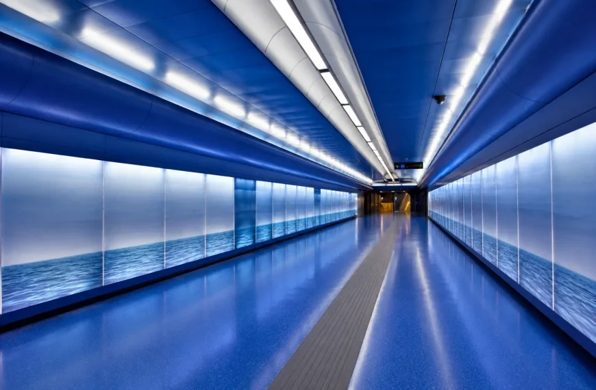 Blue illuminated corridor inside Toledo Metro Station in Naples, featuring futuristic architecture, ocean-inspired design, and the famous Art Stations project.