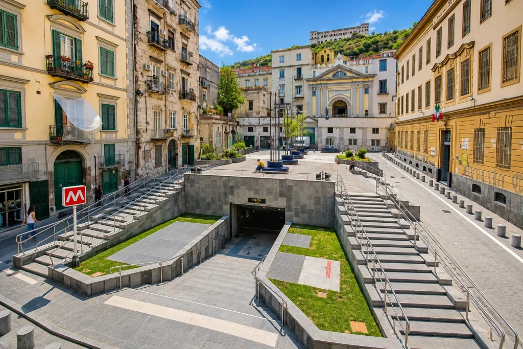 Main entrance of Toledo Metro Station in Naples on a sunny day, featuring modern architecture, stairways, and the famous Art Stations project in the historic city center.