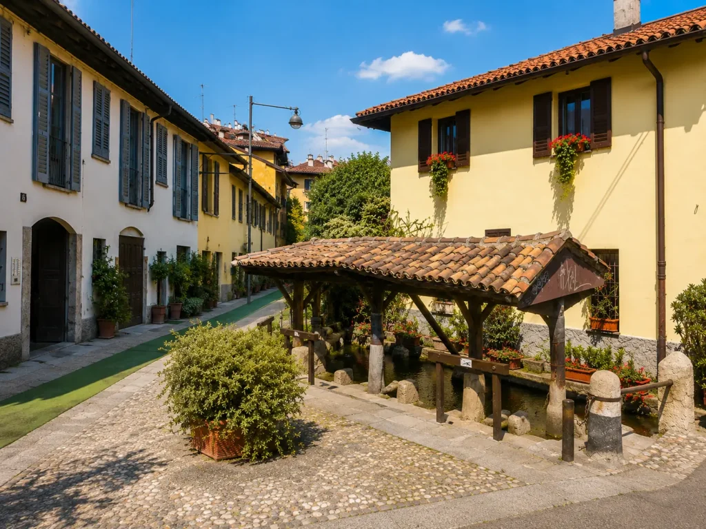 Historic Vicolo dei Lavandai in Milan featuring the traditional covered washhouse, old canal, and charming houses on a sunny day