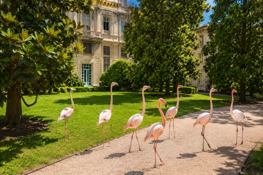 Pink flamingos walking through the private garden of Villa Invernizzi in Milan on a sunny day with a fountain, classical statue, and elegant historic villa in the background